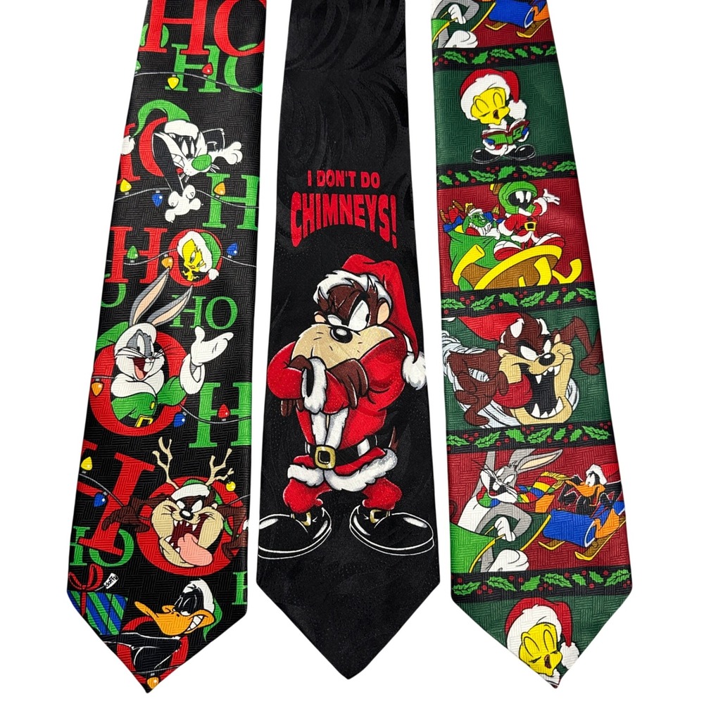 Vintage Looney Tunes Christmas Ties Lot 3 Taz Bugs Bunny Tweety Holiday Silk